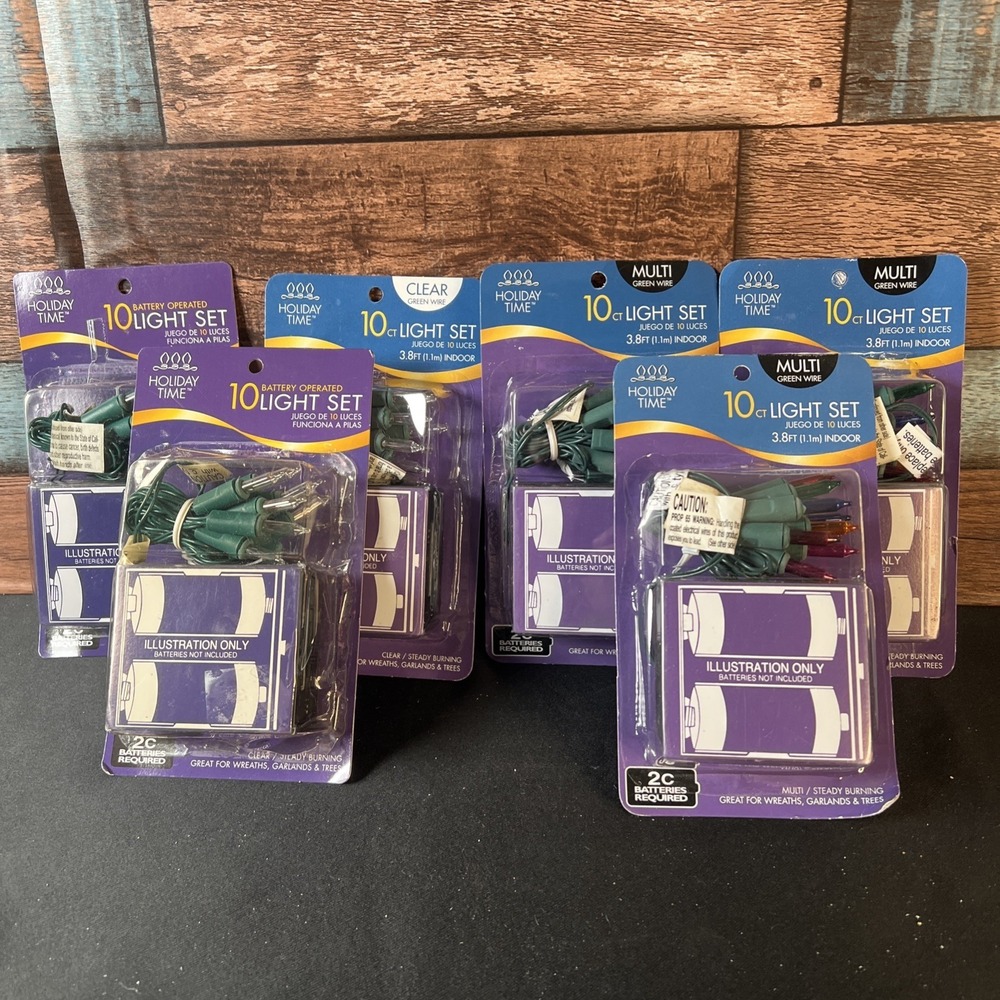 Lot Of 6- Holiday Living 10 Ct Battery Operated Multi-Color/Clear Mini Lights‎